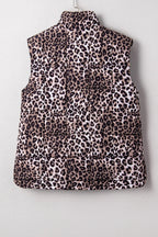 Leopard Quilted Full Zipper Casual Puff Vest – Brown