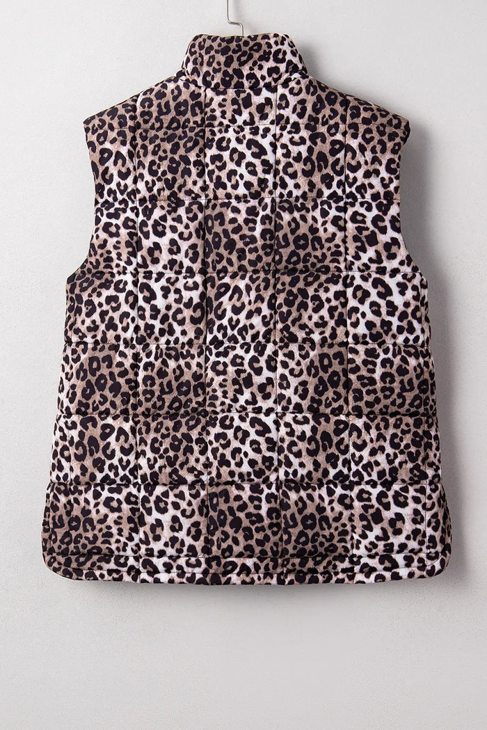 Leopard Quilted Full Zipper Casual Puff Vest – Brown