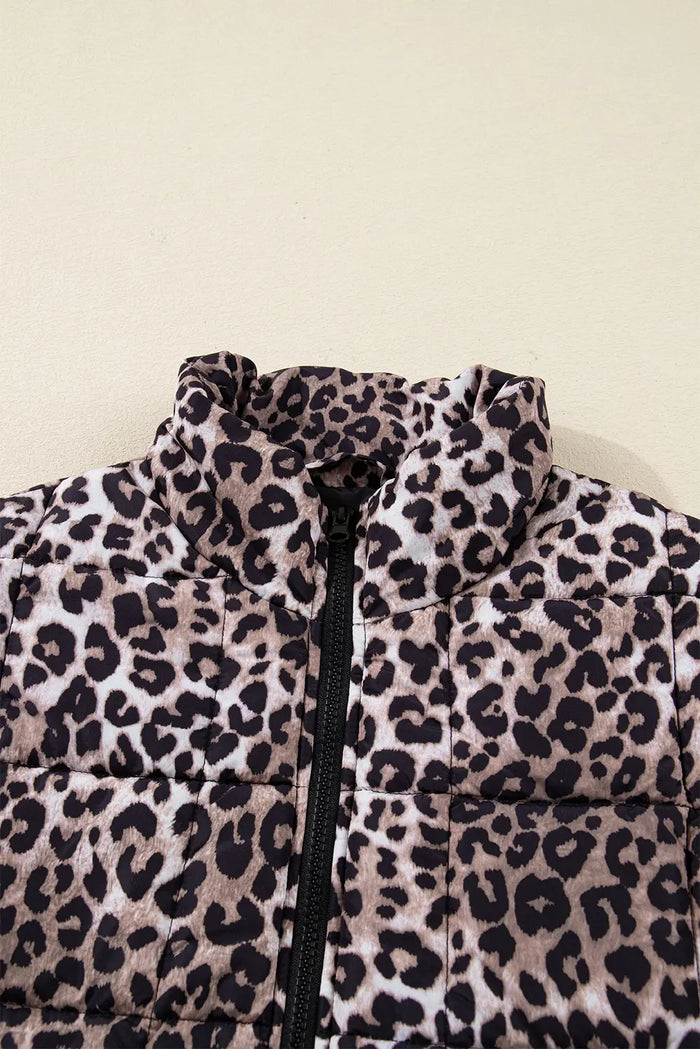 Leopard Quilted Full Zipper Casual Puff Vest – Brown