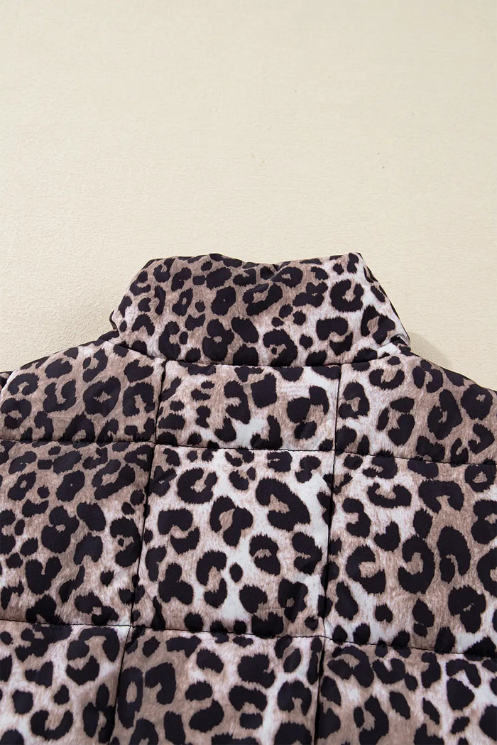 Leopard Quilted Full Zipper Casual Puff Vest – Brown