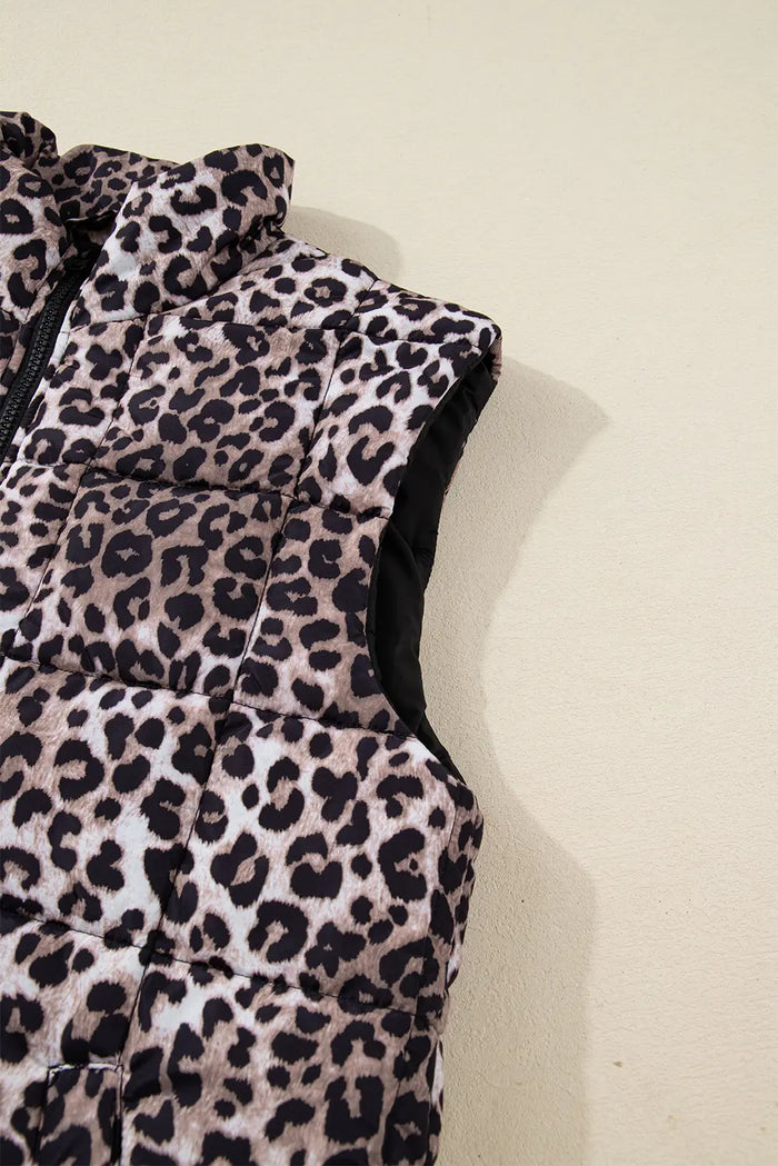 Leopard Quilted Full Zipper Casual Puff Vest – Brown