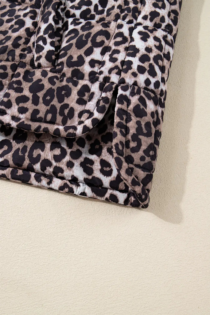 Leopard Quilted Full Zipper Casual Puff Vest – Brown