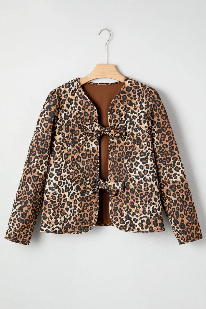 Leopard Quilted Tie Front Jacket - Brown / S - Outerwear/Jackets