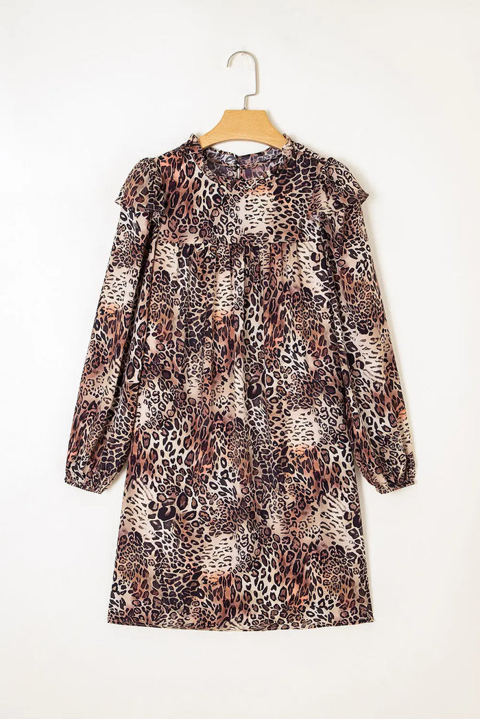 Leopard Ruffled Detail Long Sleeve Loose Mini Dress - Dresses/Mini Dresses