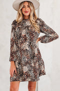 Leopard Ruffled Detail Long Sleeve Loose Mini Dress - Brown / S - Dresses/Mini Dresses