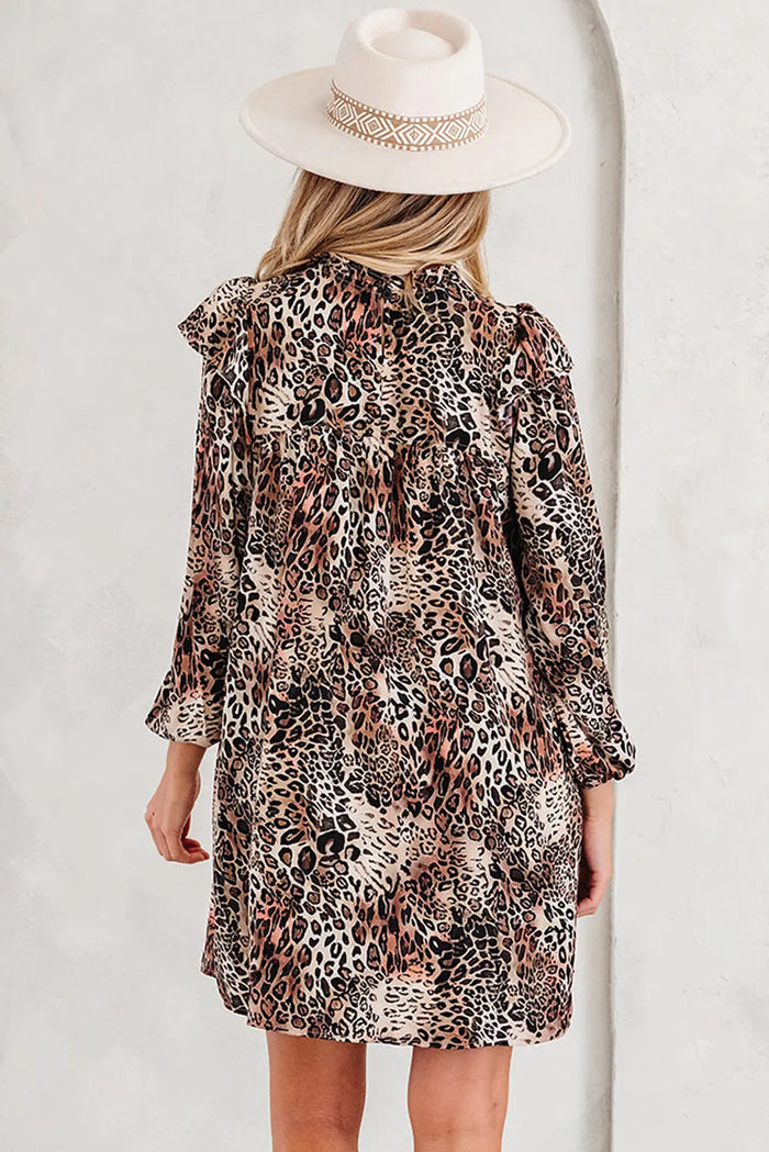 Leopard Ruffled Detail Long Sleeve Loose Mini Dress - Dresses/Mini Dresses