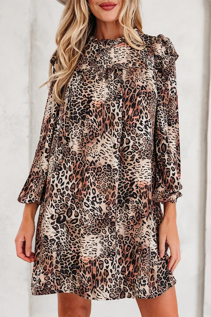 Leopard Ruffled Detail Long Sleeve Loose Mini Dress - Dresses/Mini Dresses