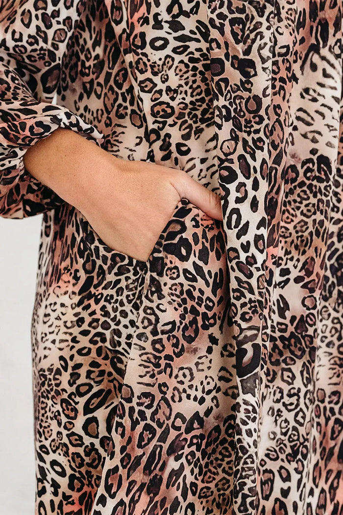 Leopard Ruffled Detail Long Sleeve Loose Mini Dress - Dresses/Mini Dresses