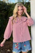 Wide collar gingham blouse with pintuck detail close up