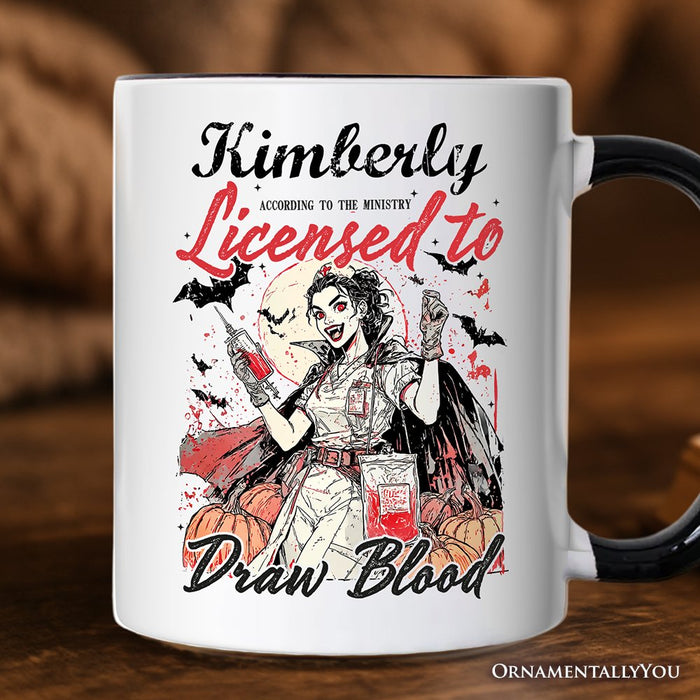 Licensed to Draw Blood Halloween Nurse Personalized Mug, Groovy Gift with Custom Name for Spooky Season Personalized Ceramic Mug OrnamentallyYou White - Black Customized