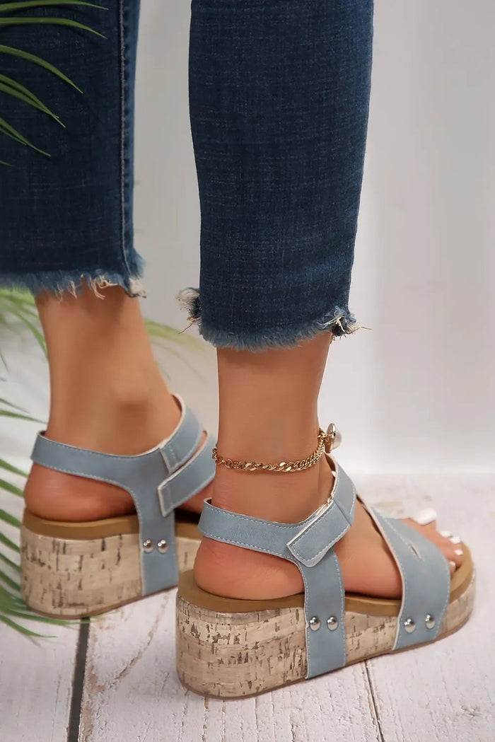 Light Blue Strap Velcro Wedge Sandals - Shoes/Sandals