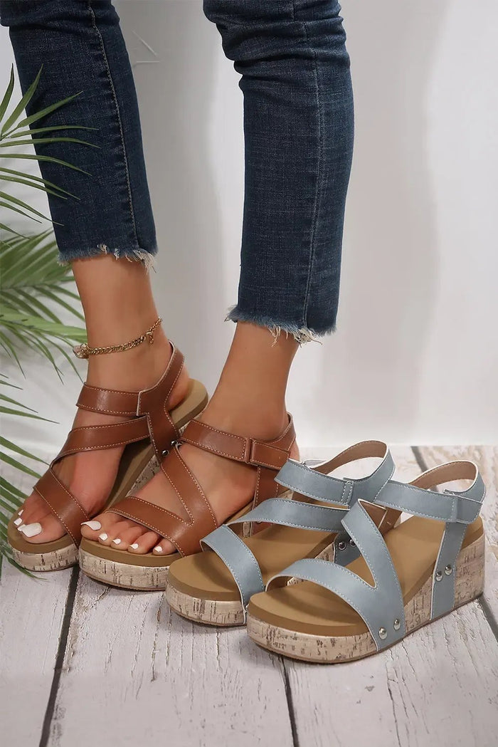 Light Blue Strap Velcro Wedge Sandals - Shoes/Sandals