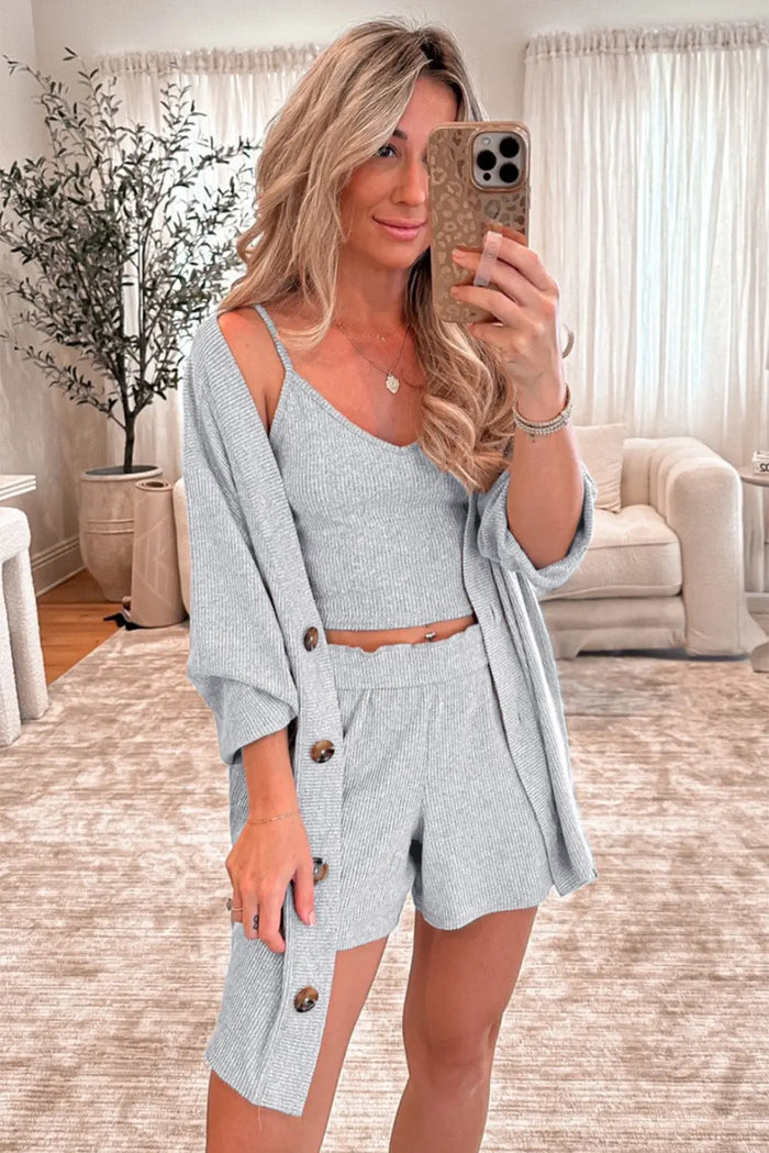 Light Grey 3 Pieces Rib Crop Camisole Matching Shorts Lounge Set with Cardigan - Loungewear & Sleepwear/Pyjama