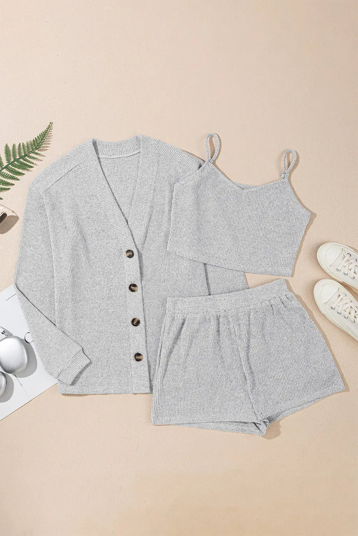 Light Grey 3 Pieces Rib Crop Camisole Matching Shorts Lounge Set with Cardigan - Loungewear & Sleepwear/Pyjama