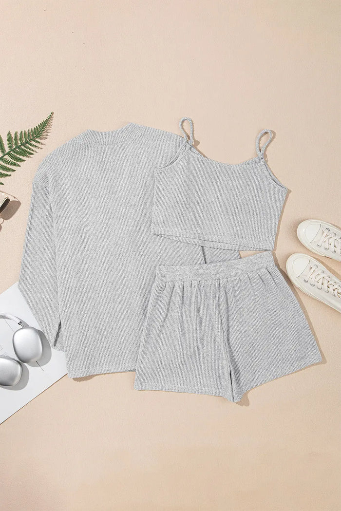 Light Grey 3 Pieces Rib Crop Camisole Matching Shorts Lounge Set with Cardigan - Loungewear & Sleepwear/Pyjama