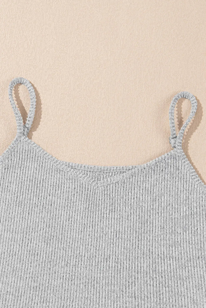 Light Grey 3 Pieces Rib Crop Camisole Matching Shorts Lounge Set with Cardigan - Loungewear & Sleepwear/Pyjama