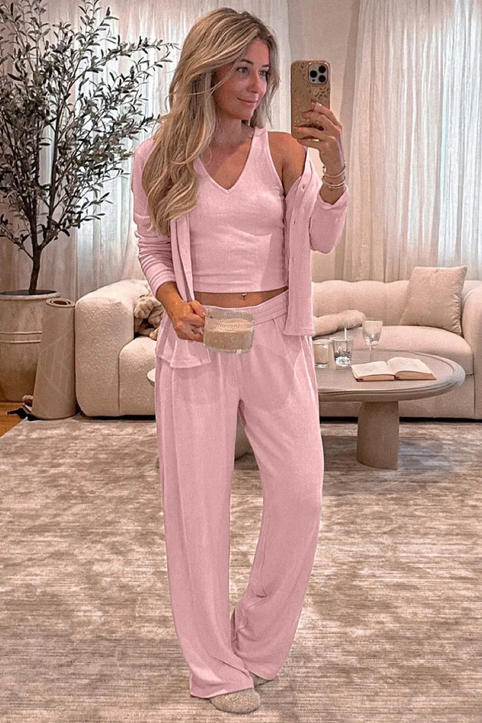 Light Pink 3-Piece Cozy Knit Lounge Set Pyjamas - Loungewear & Sleepwear/Sleepwear