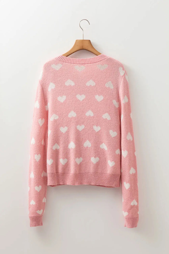 Light Pink Heart Pattern Button Front Cardigan Sweater - Sweaters & Cardigans/Cardigans