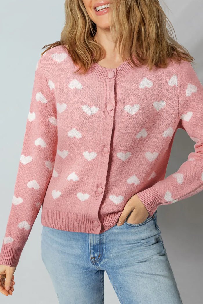 Light Pink Heart Pattern Button Front Cardigan Sweater - S - Sweaters & Cardigans/Cardigans