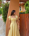 Light Yellow A-line Long Prom Dress with Puff Sleeves