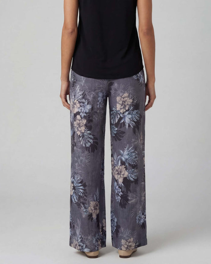 LILLIAN EXOTIC FLORAL BLACK WOMENS WIDE-LEG LINEN PANT