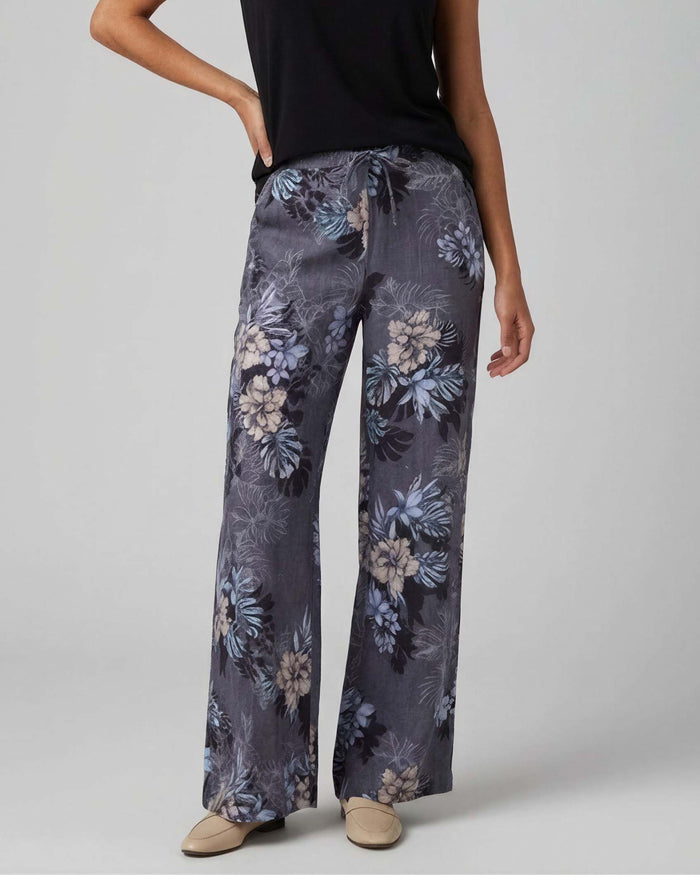 LILLIAN EXOTIC FLORAL BLACK WOMENS WIDE-LEG LINEN PANT