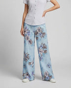 LILLIAN EXOTIC FLORAL TEAL WOMENS WIDE-LEG LINEN PANT