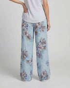 LILLIAN EXOTIC FLORAL TEAL WOMENS WIDE-LEG LINEN PANT
