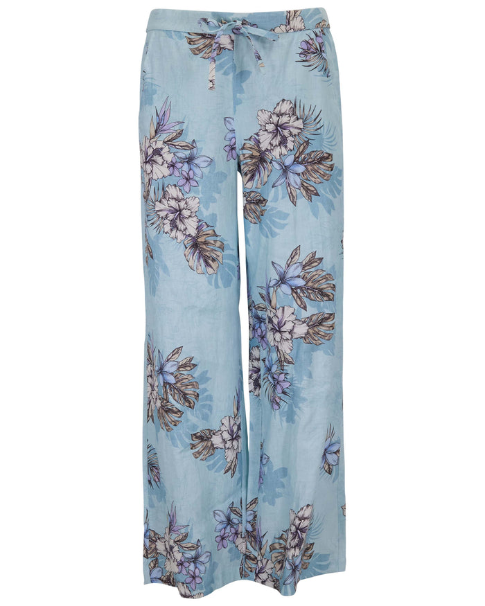 LILLIAN EXOTIC FLORAL TEAL WOMENS WIDE-LEG LINEN PANT