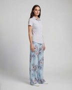 LILLIAN EXOTIC FLORAL TEAL WOMENS WIDE-LEG LINEN PANT