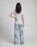 LILLIAN EXOTIC FLORAL TEAL WOMENS WIDE-LEG LINEN PANT