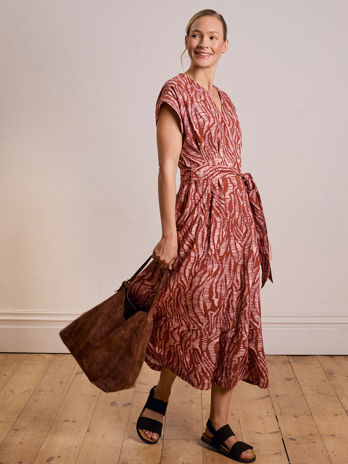 Linen Blend Pleat Waist Midi Dress