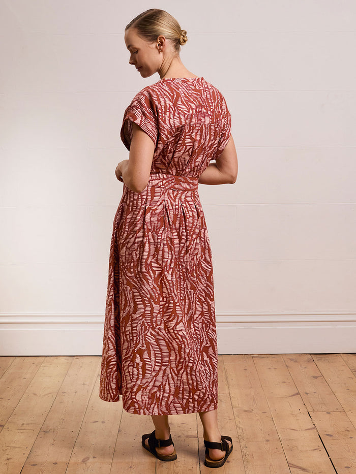 Linen Blend Pleat Waist Midi Dress