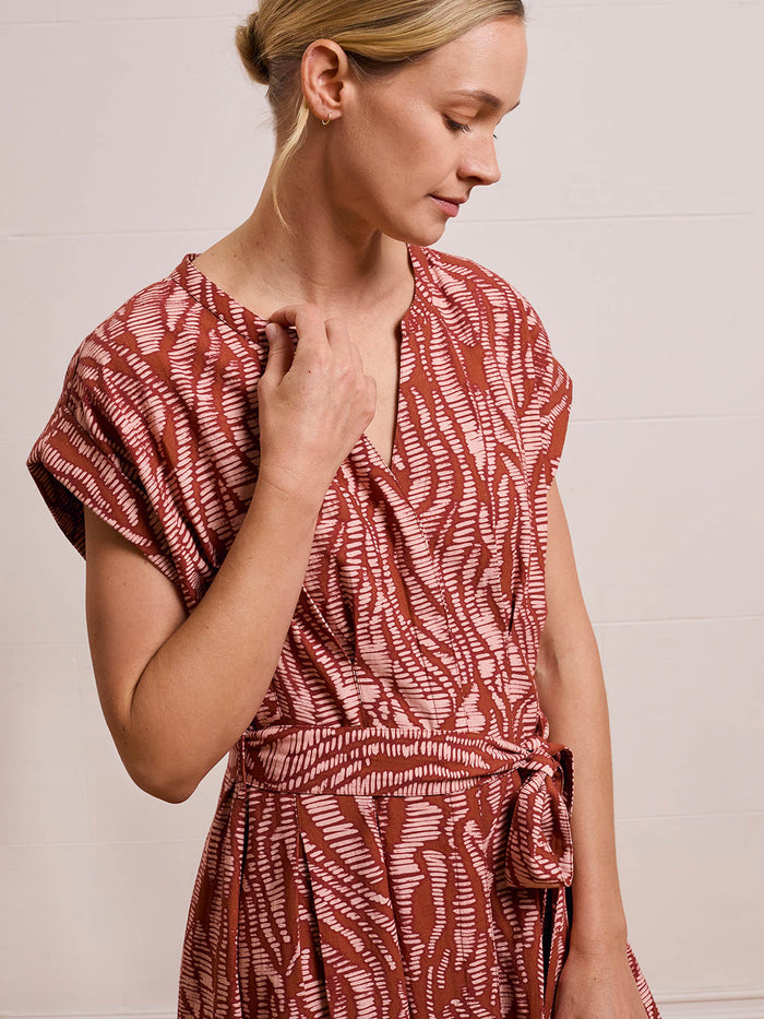 Linen Blend Pleat Waist Midi Dress