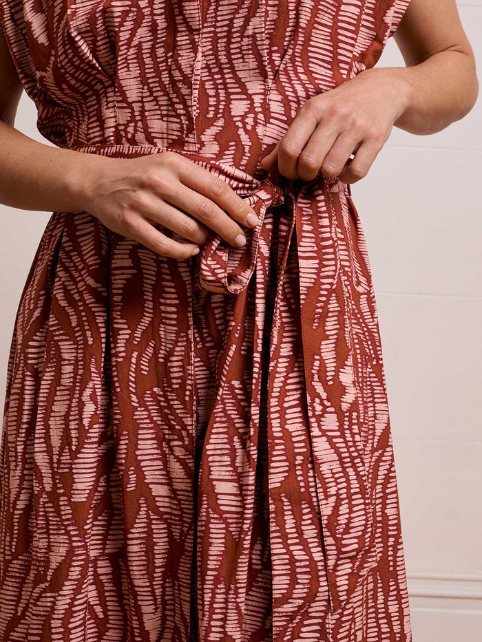 Linen Blend Pleat Waist Midi Dress