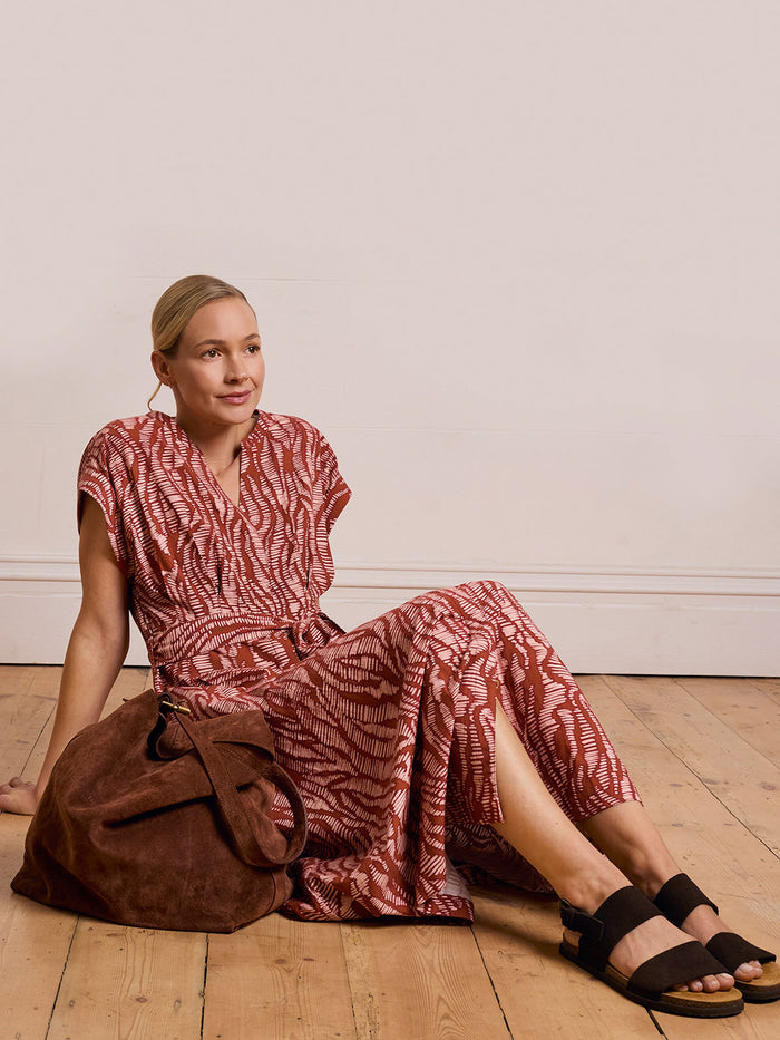 Linen Blend Pleat Waist Midi Dress