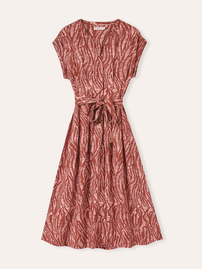Linen Blend Pleat Waist Midi Dress
