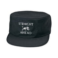 A black Straight Ahead Painters Cap with a flat brim, featuring a white lion graphic and "STRAIGHT AHEAD" embroidered on the front. PRESALE available now; ships 5/15/26.