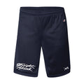 Navy blue Straight Ahead athletic shorts with an elastic waistband, "Straight Ahead" in white script, a small Champion logo near the waistband, and a lion graphic. Presale item; ships 5/15/26.
