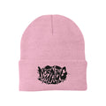 A light pink Morning In May Logo Beanie with a folded brim, featuring bold black graffiti-style text reading WORKING IN MY ANG on the front.