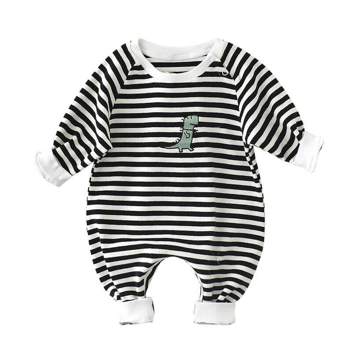 Long Sleeve Baby Jumpsuit | Cartoon Striped Dinosaur Embroidered Romper