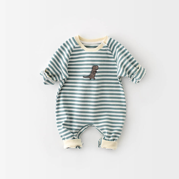 Long Sleeve Baby Jumpsuit | Cartoon Striped Dinosaur Embroidered Romper