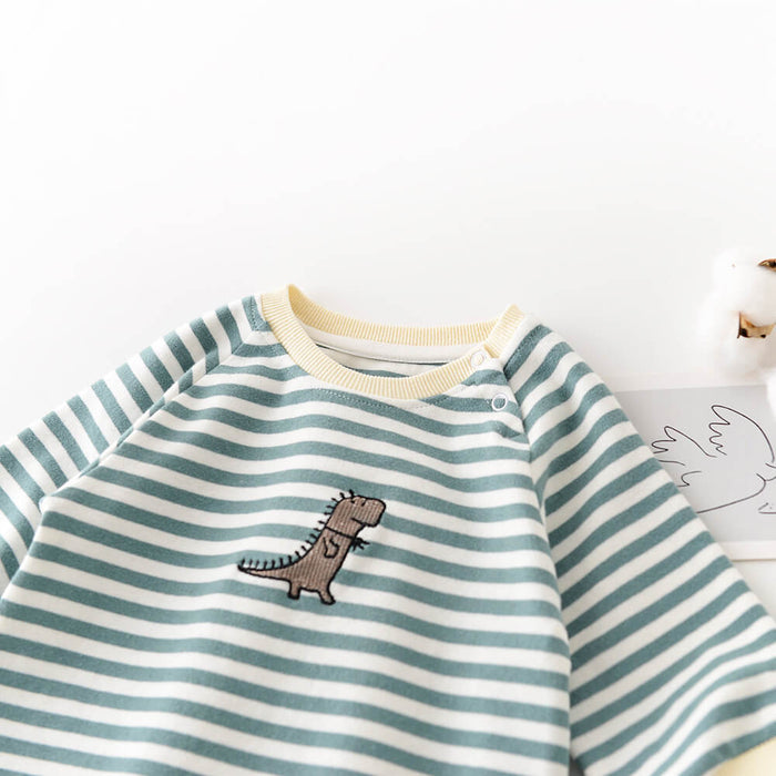 Long Sleeve Baby Jumpsuit | Cartoon Striped Dinosaur Embroidered Romper