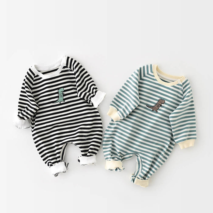 Long Sleeve Baby Jumpsuit | Cartoon Striped Dinosaur Embroidered Romper