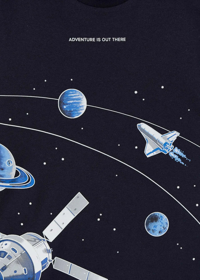 Close-up of planets and shuttle graphic on navy Mayoral T-shirt
