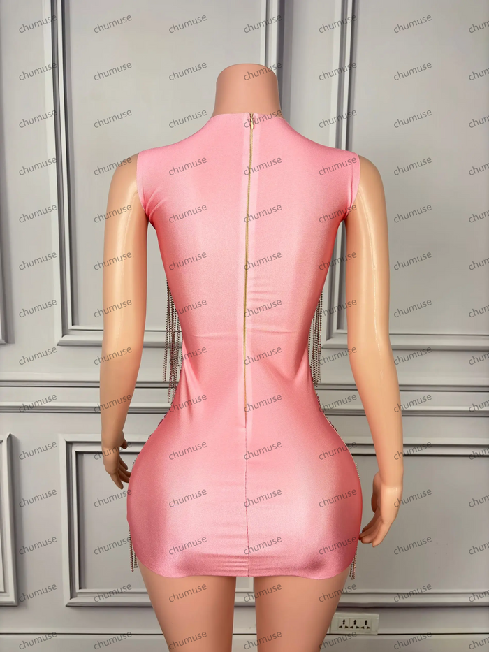 Luxury Pink Rhinestones Short Prom Dresses Sexy Sheer Mesh Diamond Beaded