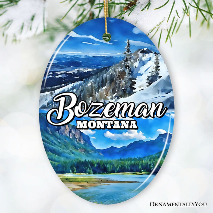 Majestic Bozeman Mountain Town Ornament, Montana Nature and Adventure Christmas Souvenir and Tree Decor Ceramic Ornament OrnamentallyYou Oval