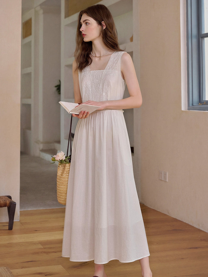 May Square Neck Embroidery 100% Cotton Sleeveless Dress