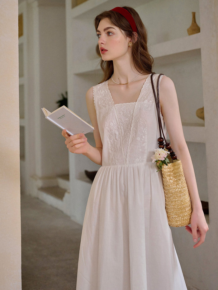 May Square Neck Embroidery 100% Cotton Sleeveless Dress