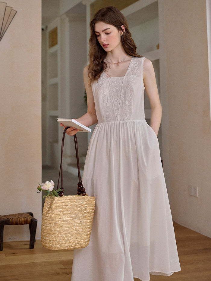 May Square Neck Embroidery 100% Cotton Sleeveless Dress